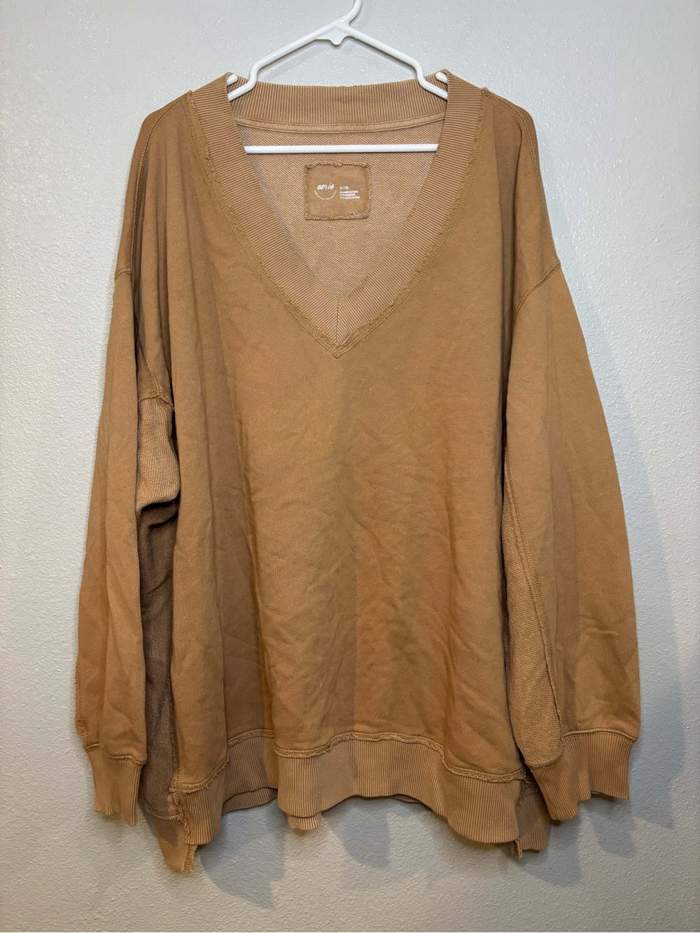aerie V-Neck Oversized Sweatshirt in Camel